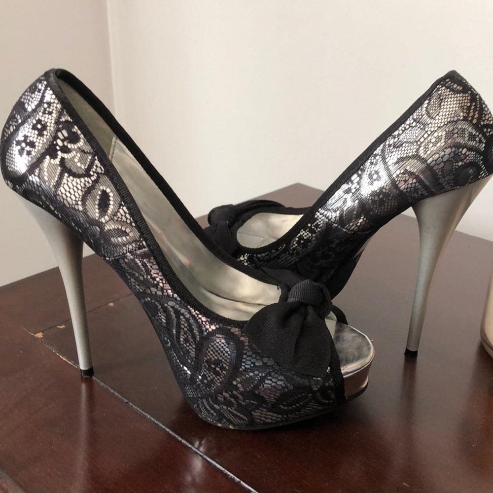 Lace open toe pumps